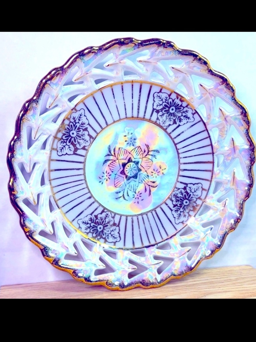 Vintage Kudo KUD2 Gold Filigree Floral Lustreware Plate • Reticulated Edge Japan